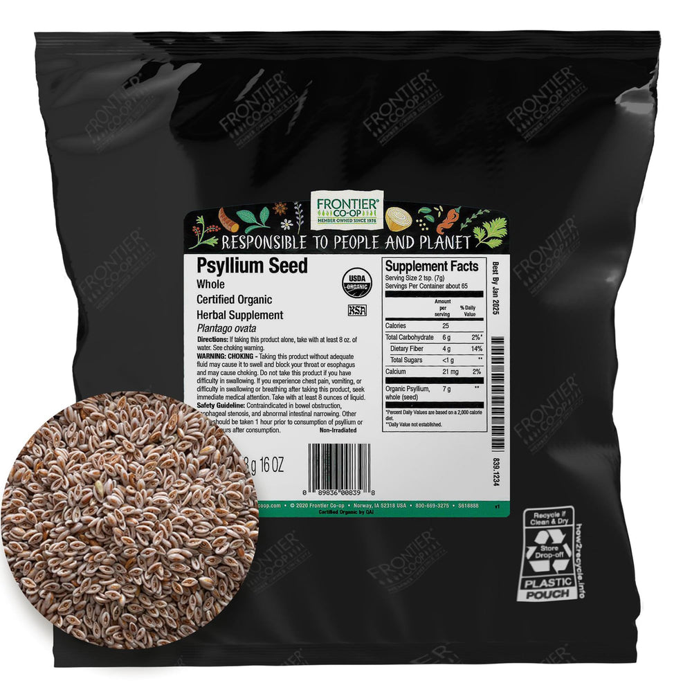 Frontier Co-op Organic Whole Psyllium Seed 1lb bulk bag - front view