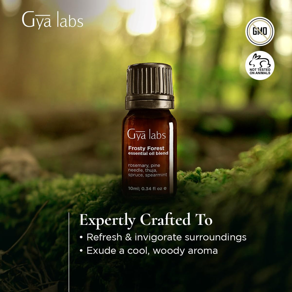 Close-up of Frosty Forest essential oil bottle