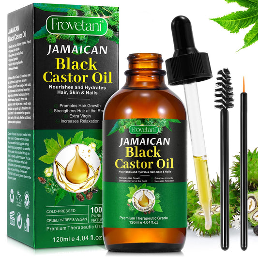 Frovetani Jamaican Black Castor Oil bottle closeup, premium organic oil for nourished hair