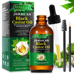 Frovetani Jamaican Black Castor Oil bottle closeup, premium organic oil for nourished hair