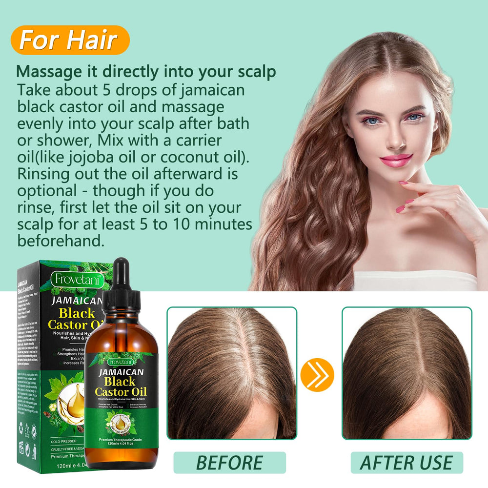 Frovetani Jamaican Black Castor Oil on scalp indicates deep hydration for hair