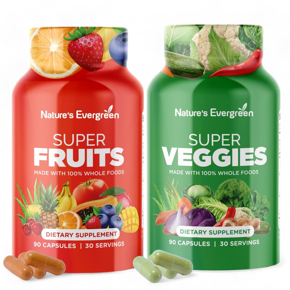 Front view of Nature's Evergreen Fruits & Veggies supplement bottle in pack of 2