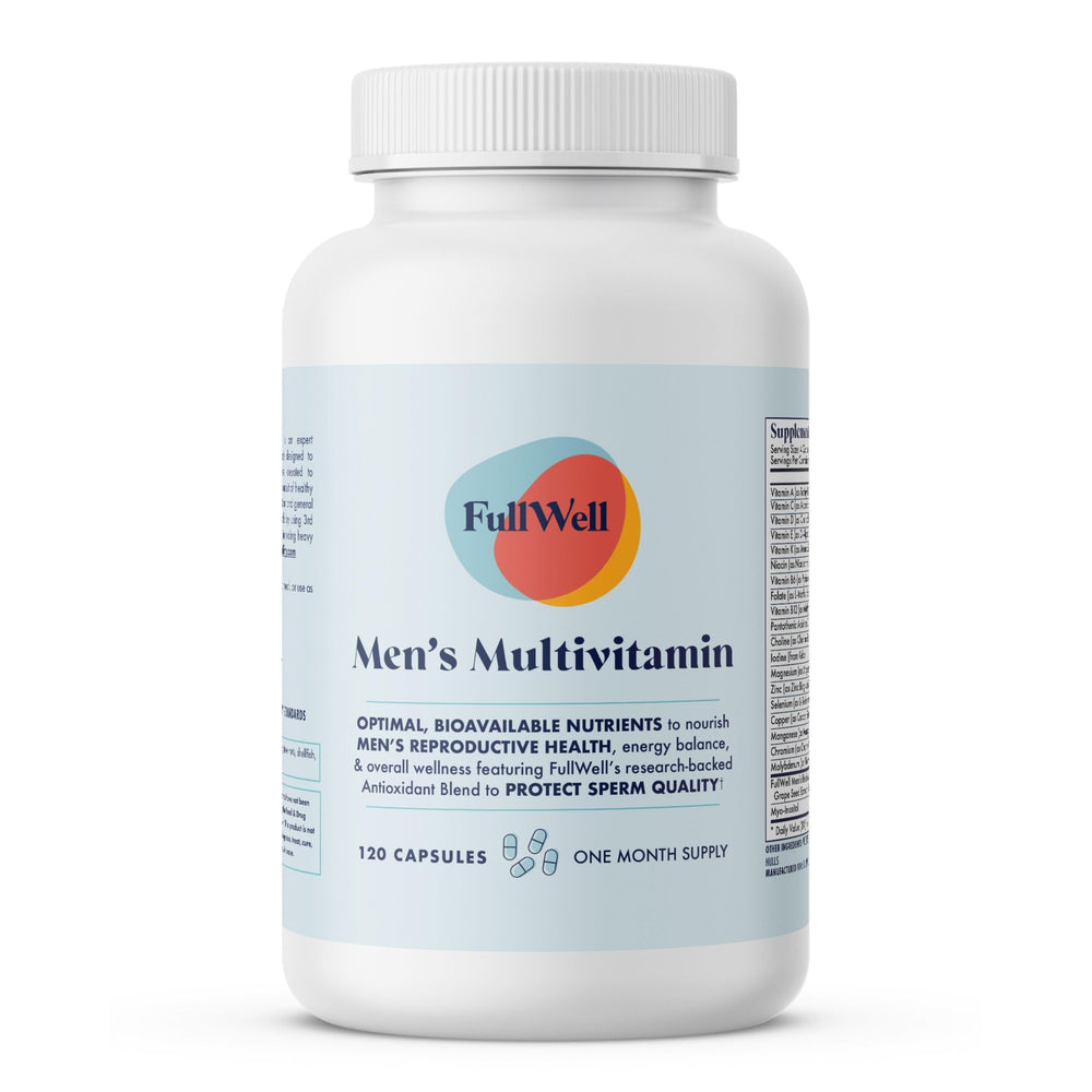 Front view of FullWell Men's Daily Multivitamin bottle with label