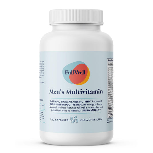 Front view of FullWell Men's Daily Multivitamin bottle with label