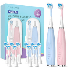 FUMEIKANG Kids Electric Toothbrushes 2 Pack in blue and pink front view