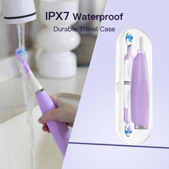 Close-up of silicone wrapped soft brush head on purple toothbrush
