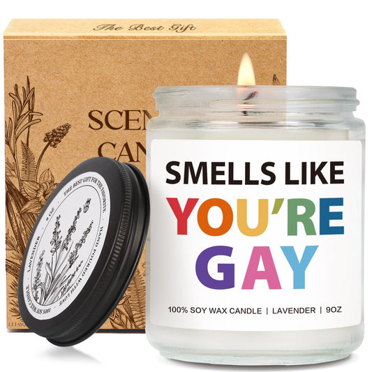 Funny lavender scented candle for gay men in a 9oz reusable glass jar