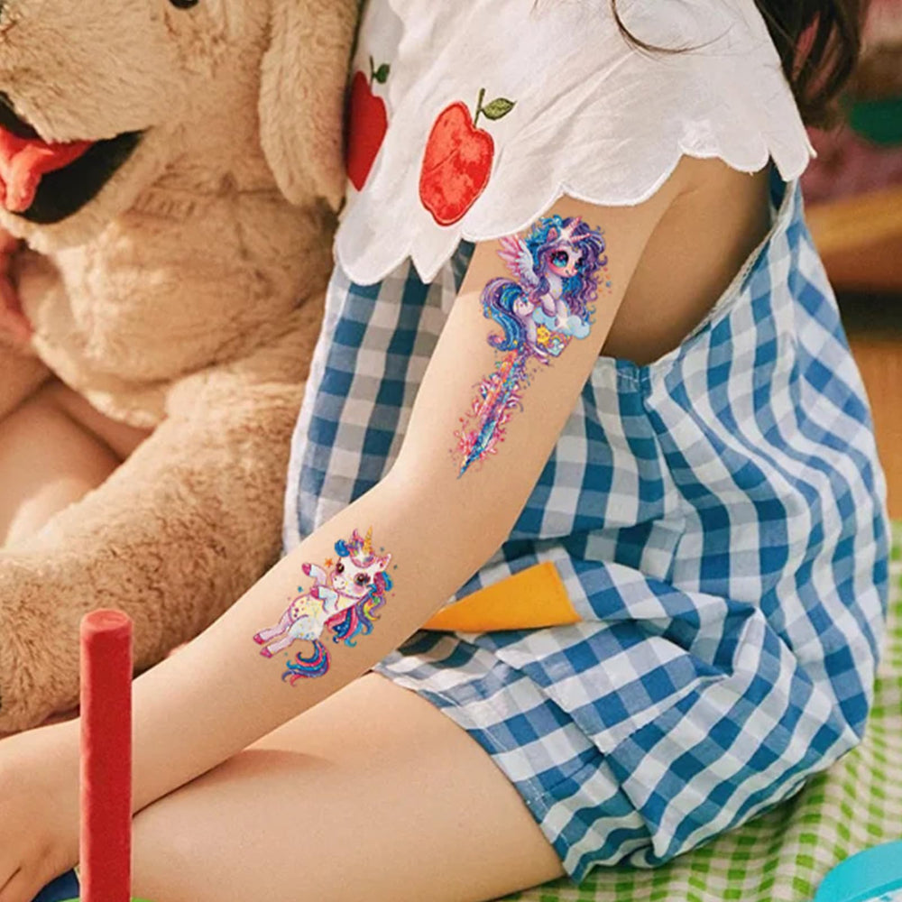FUNTATTOO close-up of colorful tattoo designs highlights realistic, vivid colors for playtime.