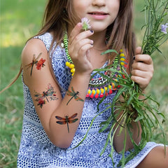 FUNTATTOO Dragonfly tattoos sheet 5 invites kids' imaginative costumes at celebrations.