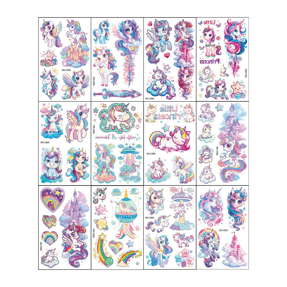 FUNTATTOO glitter unicorn tattoos sheets show bright unicorn designs for festive party looks.