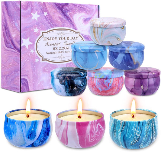 Furnizone 9-pack aromatherapy soy candles gift set in decorative box with marble-pattern lids