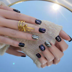 FURNUNUBI handmade short square nails with black and silver chrome cat-eye for evening glamour.
