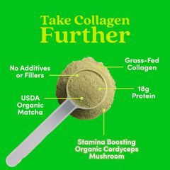 Ingredients include organic matcha, cordyceps, and collagen peptides