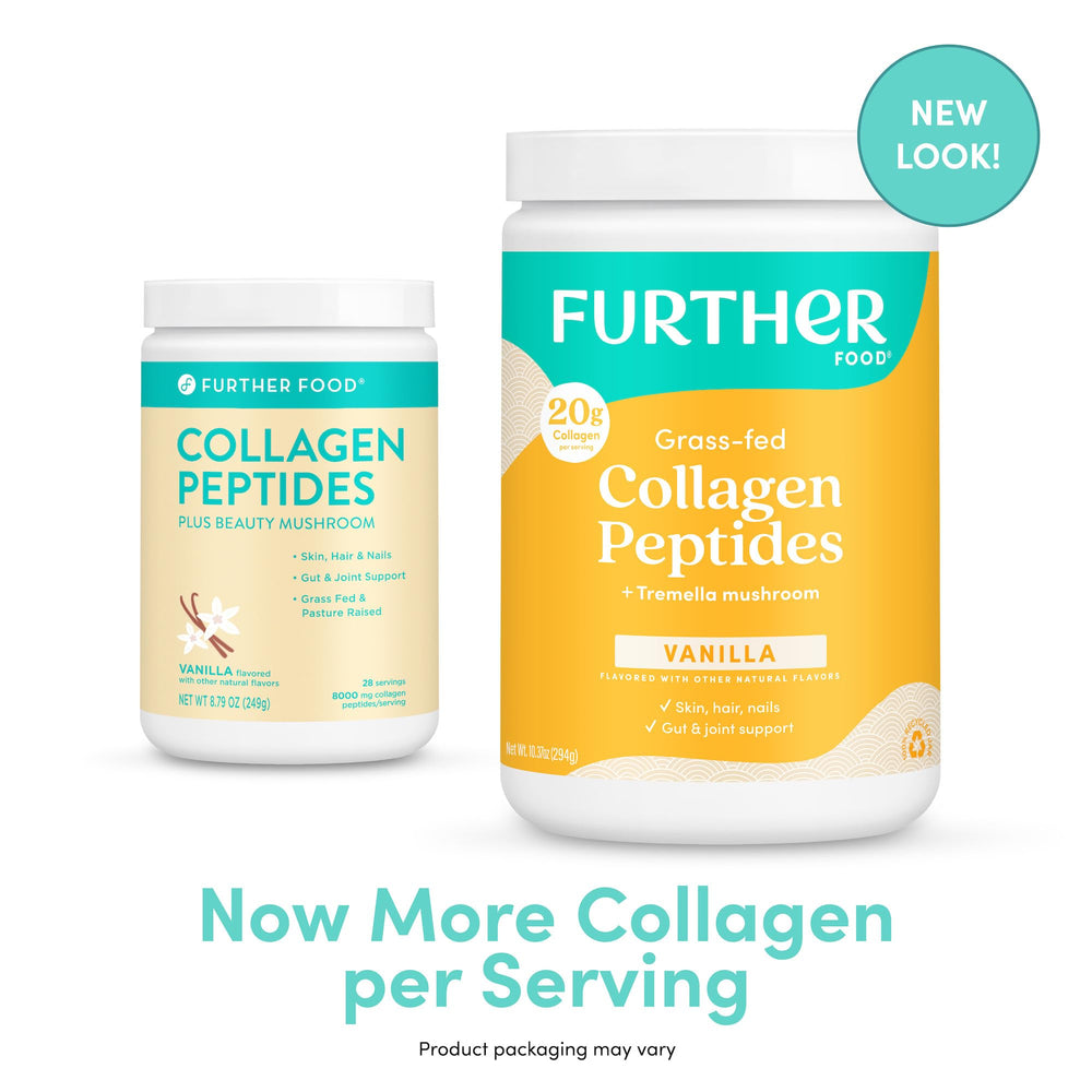 10.37 oz vanilla collagen powder bottle on kitchen counter