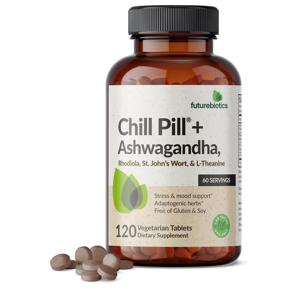 Futurebiotics Chill Pill+ bottle and label with calming formula ingredients