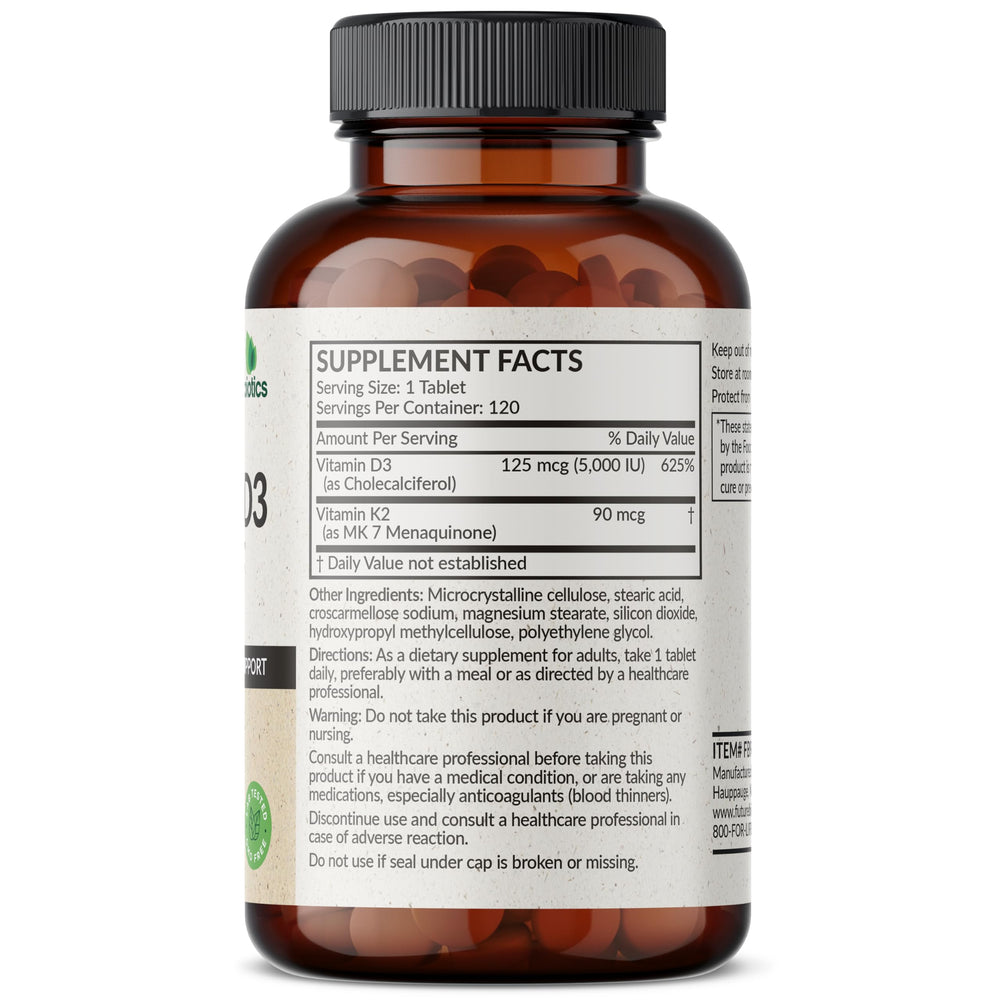 Graphic illustrating 5000 IU Vitamin D3 and 90 mcg Vitamin K2 MK-7 per tablet