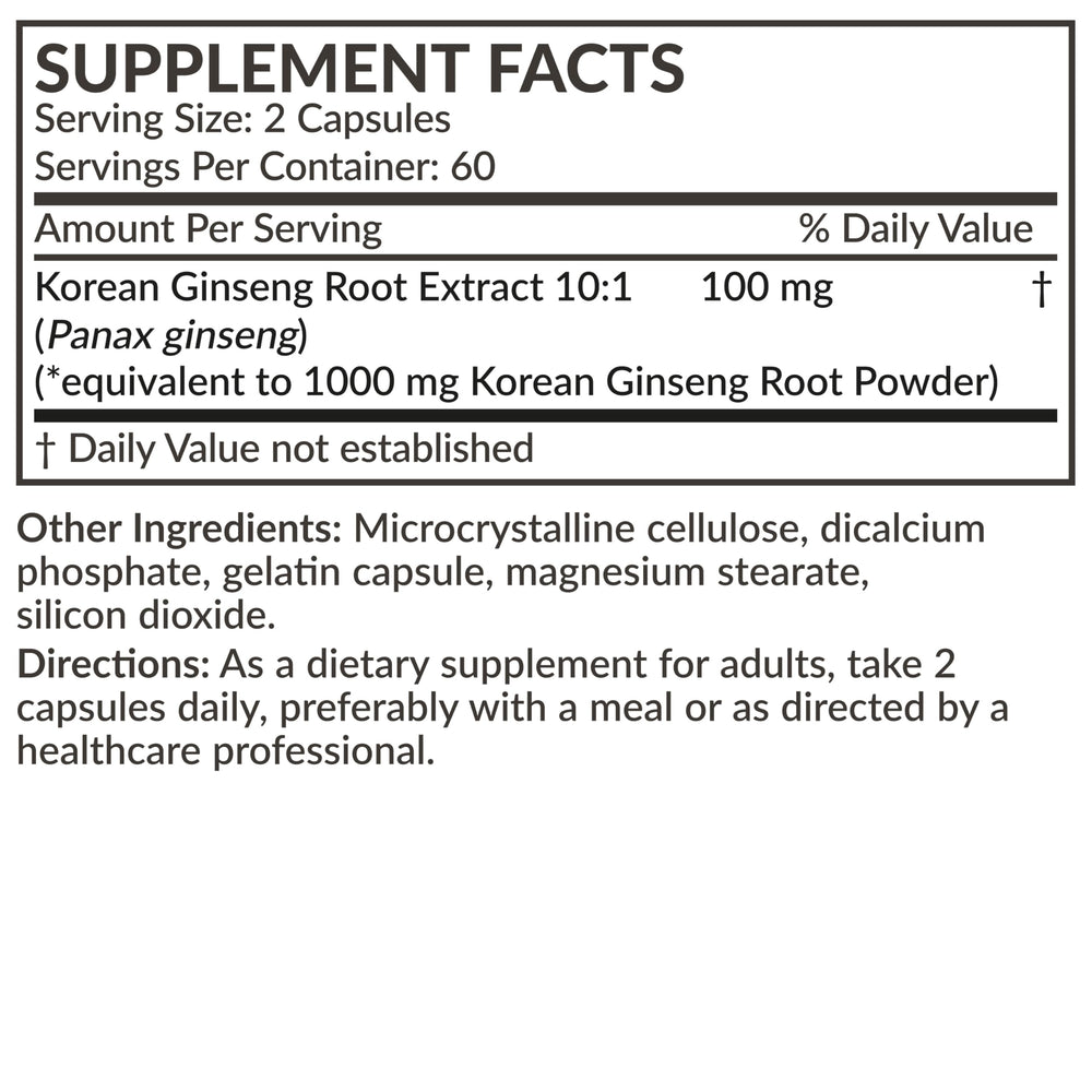 Serving size 1000 mg Panax Ginseng per capsule label