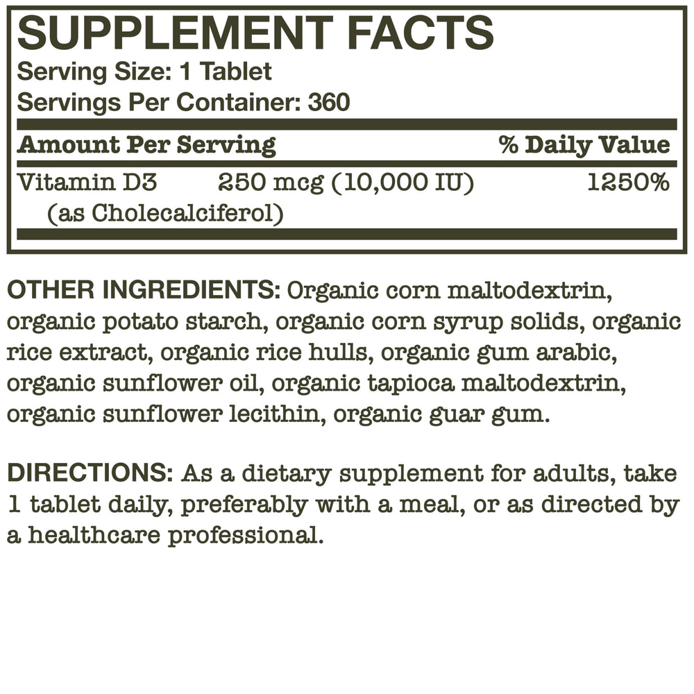 Bottle of 360 organic Vitamin D3 tablets on packaging