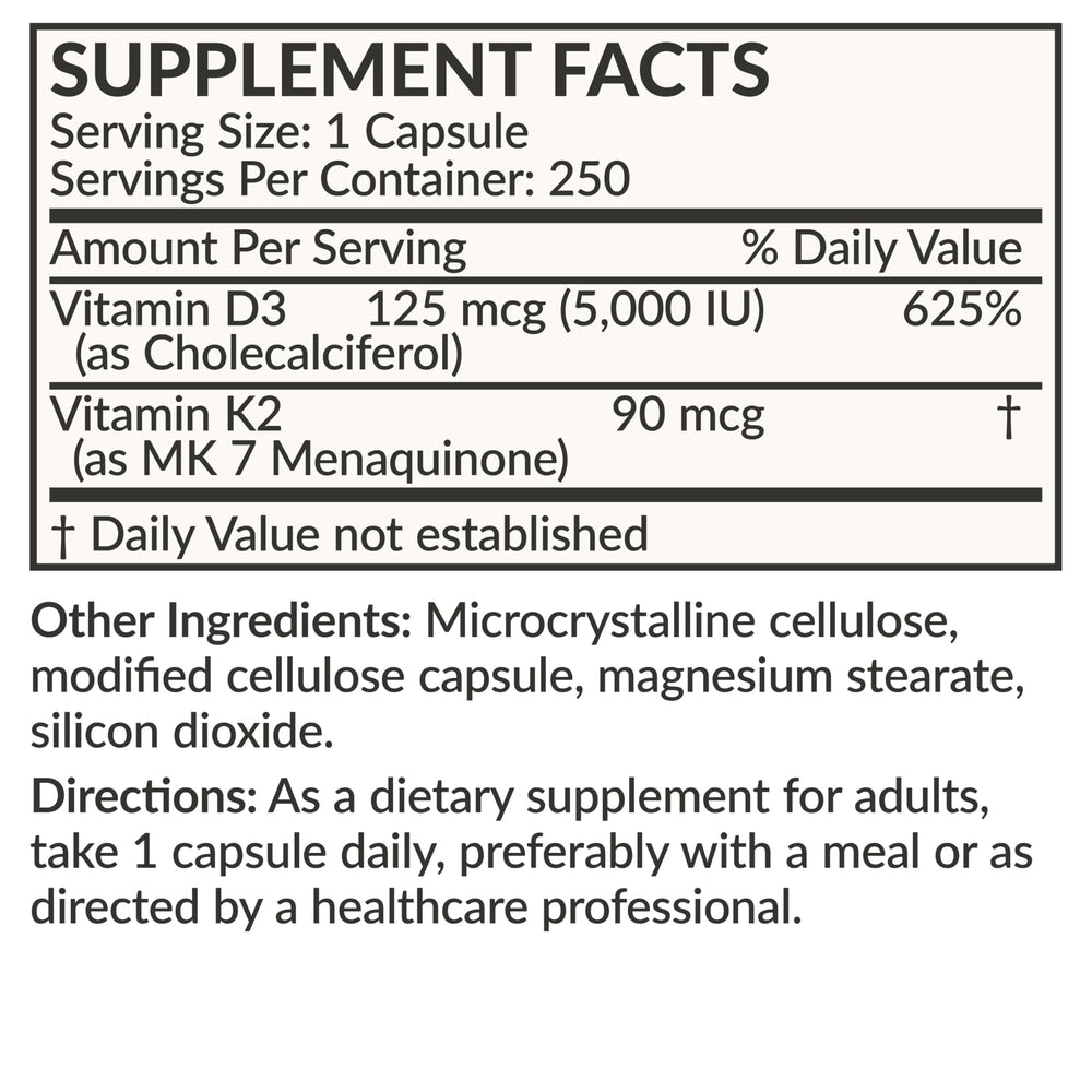 Bold packaging emphasizing 5000 IU D3 and 90 mcg K2 MK-7