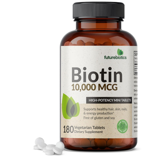 Front view of Futurebiotics Biotin 10,000 mcg mini tablets bottle