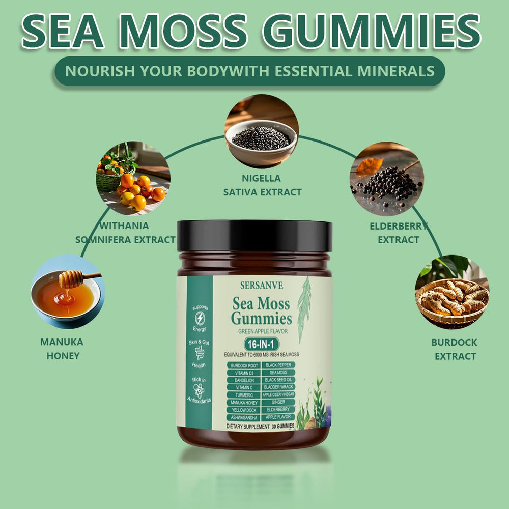 Illustration of seaweed and herbal ingredients used in the gummies