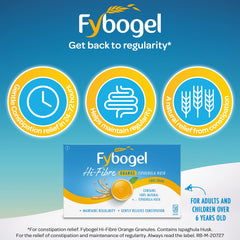 Fybogel Hi Fibre Orange sachets arranged with spoon