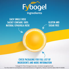 Close-up of orange flavour Fybogel sachet