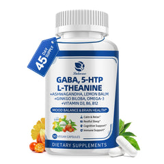 Front view of GABA 750mg with L-Theanine and 5-HTP 90-count capsules
