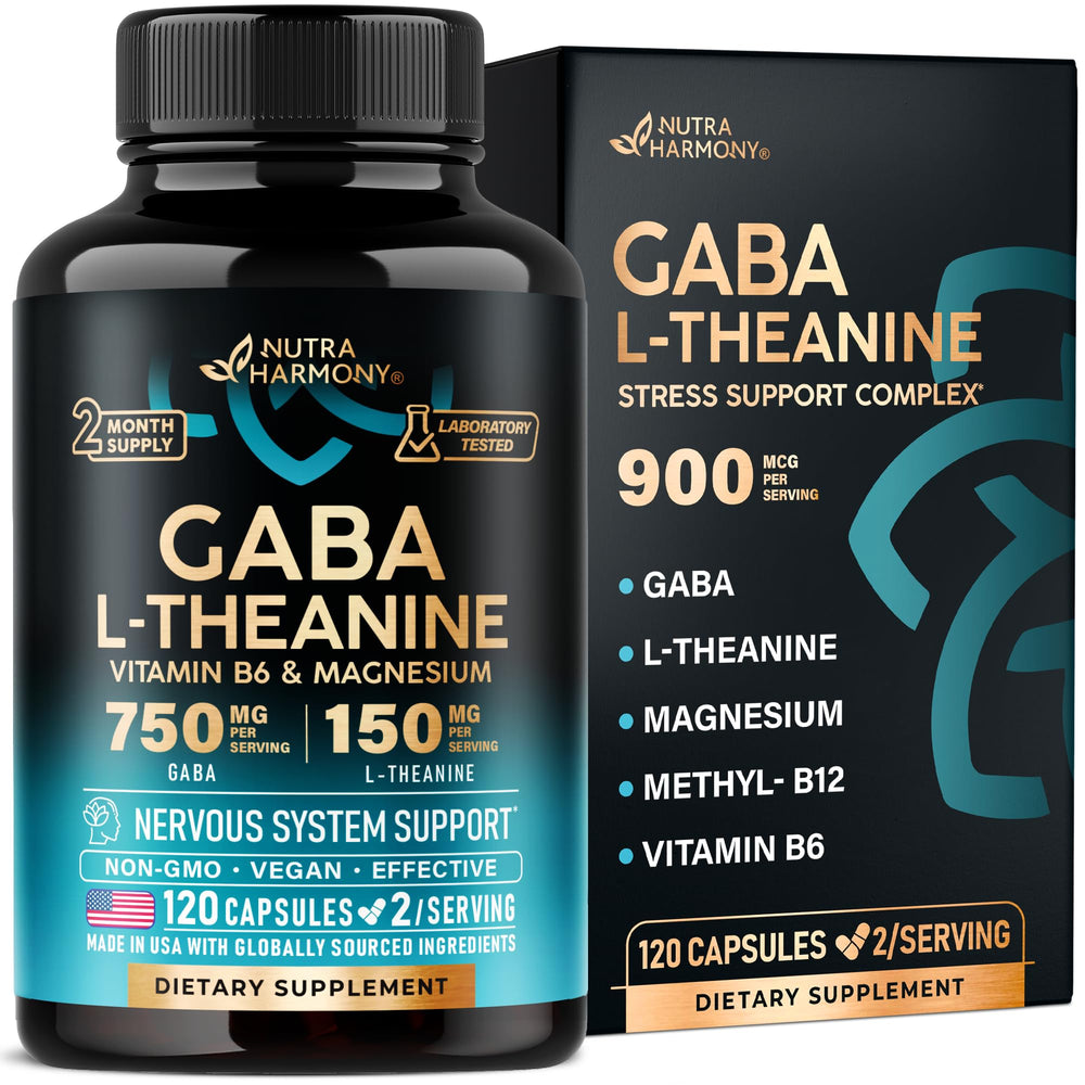 Bottle of GABA L-Theanine 900mg vegan capsules with label