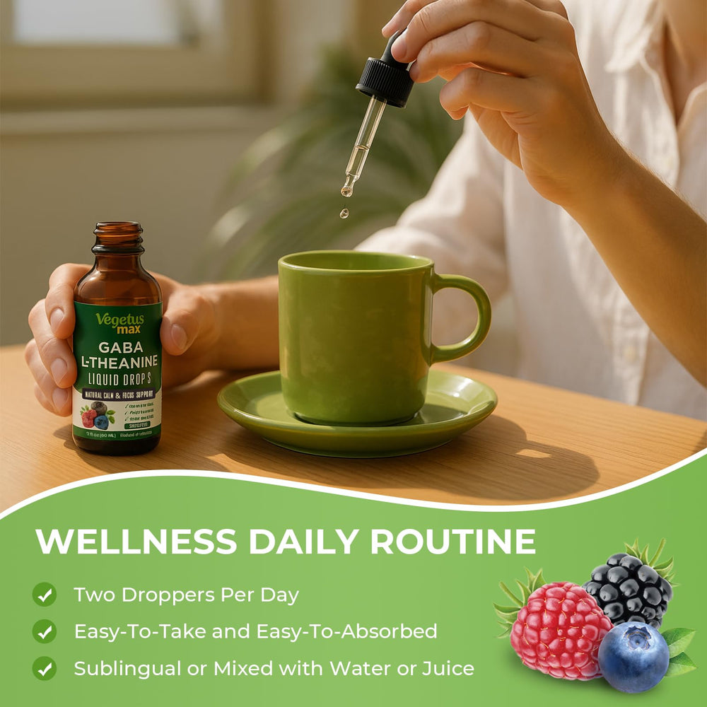 Label showing mixed berry flavor on GABA L-Theanine Drops bottle