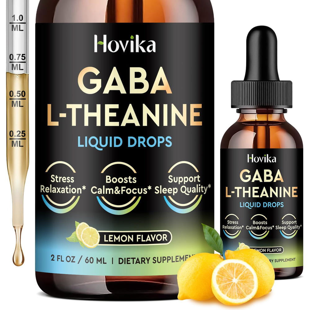 Front view of GABA L-Theanine Drops lemon flavor bottle (2 oz).