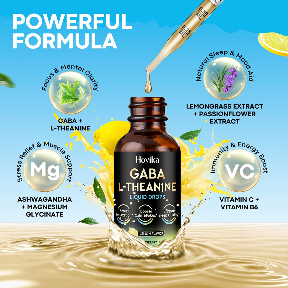 Close-up of label on GABA L-Theanine Drops lemon flavor bottle.