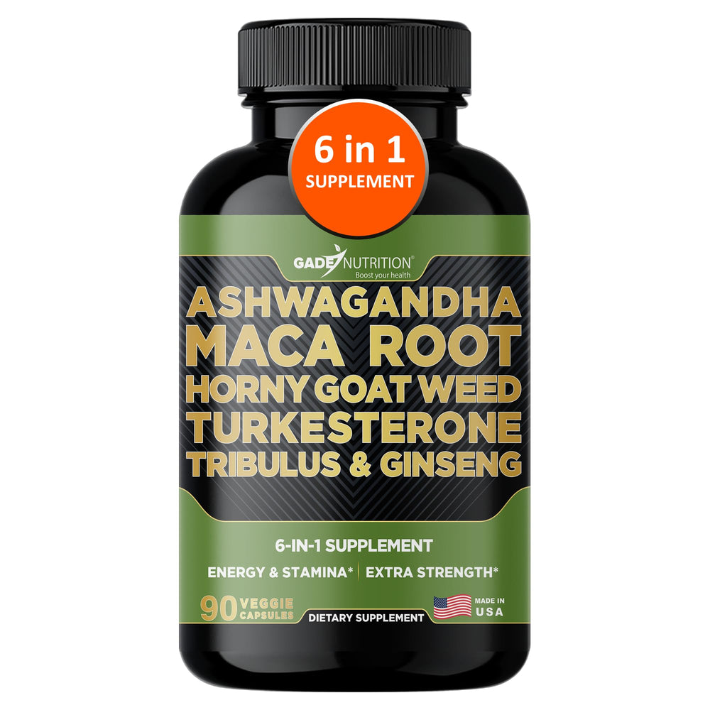 Bottle of Gade Nutrition Ashwagandha 6-in-1 with Maca, Tribulus, Turkesterone and Panax Ginseng (90 capsules)