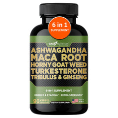 Bottle of Gade Nutrition Ashwagandha 6-in-1 with Maca, Tribulus, Turkesterone and Panax Ginseng (90 capsules)