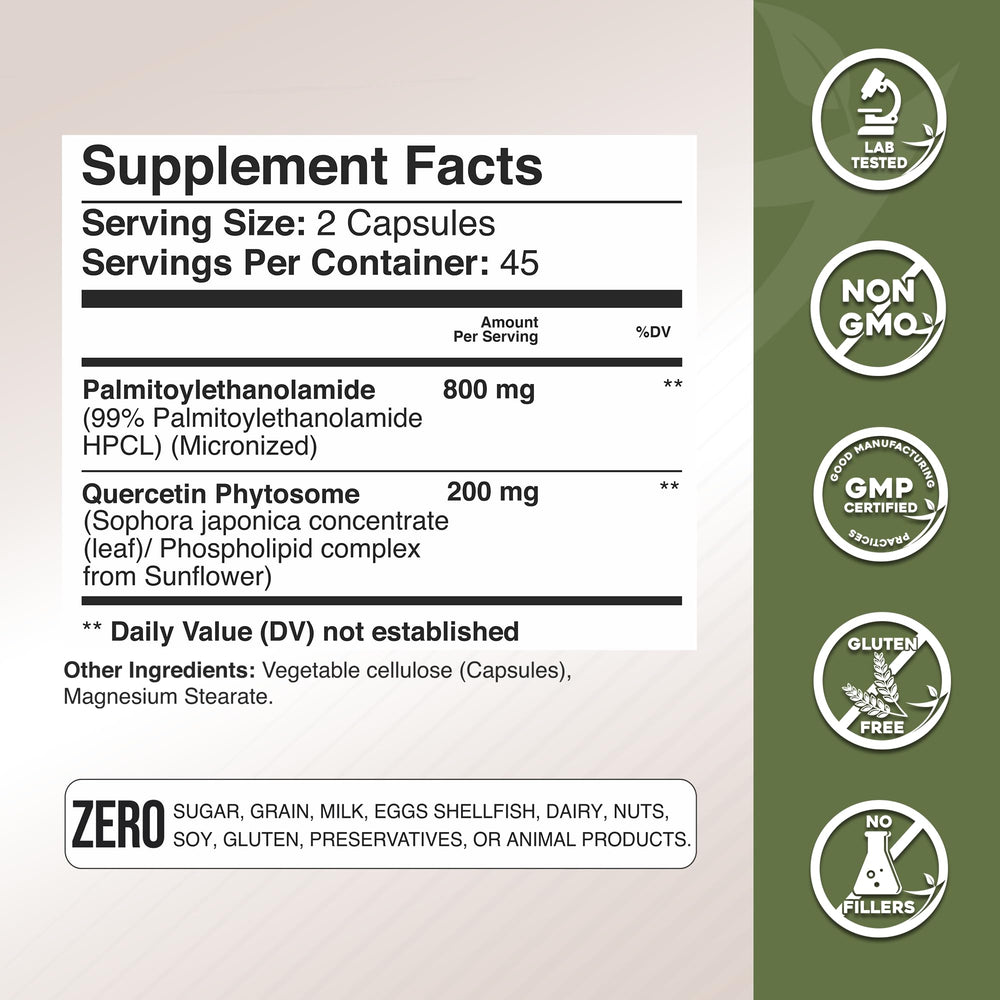 Label close-up showing 800 mg PEA and 200 mg Quercetin per capsule