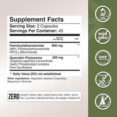 Label close-up showing 800 mg PEA and 200 mg Quercetin per capsule