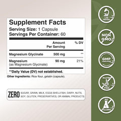 Close-up of Magnesium Glycinate 500mg supplement bottle label