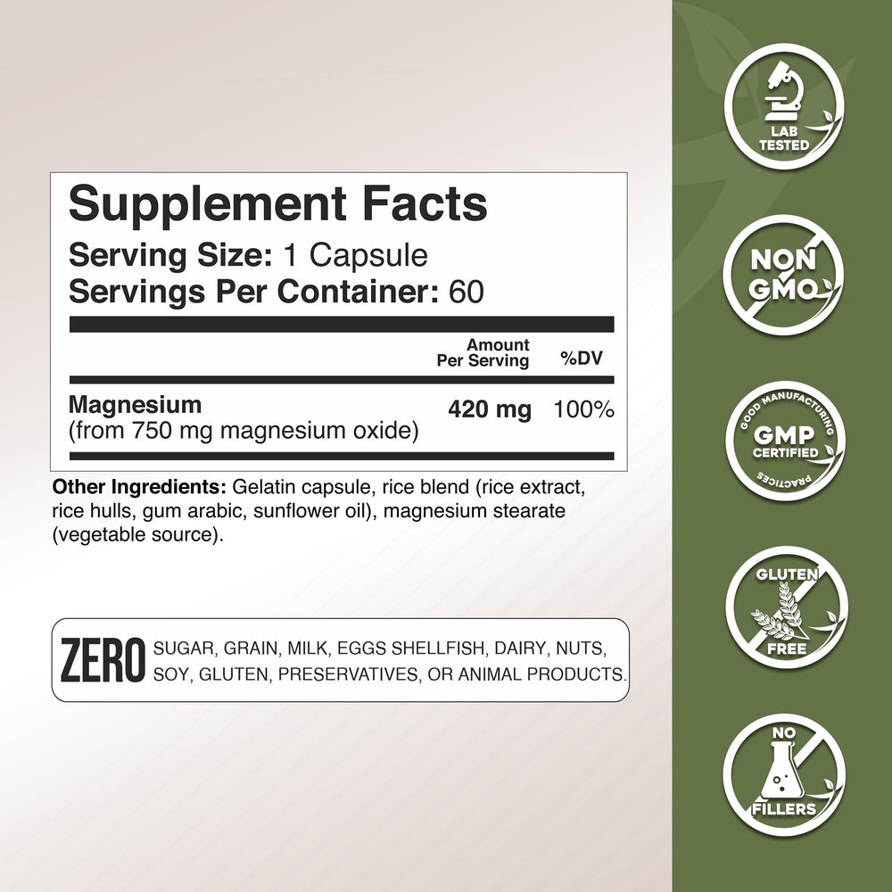Back label of Gade Nutrition Magnesium Oxide 750 mg bottle showing supplement facts