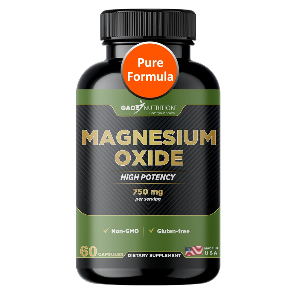 Front view of Gade Nutrition Pure Magnesium Oxide 750 mg capsules in bottle