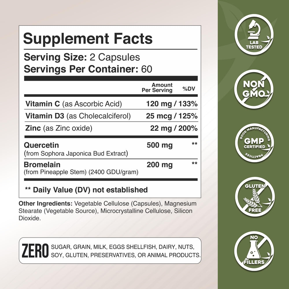Close-up of quercetin-bromelain capsules and ingredients