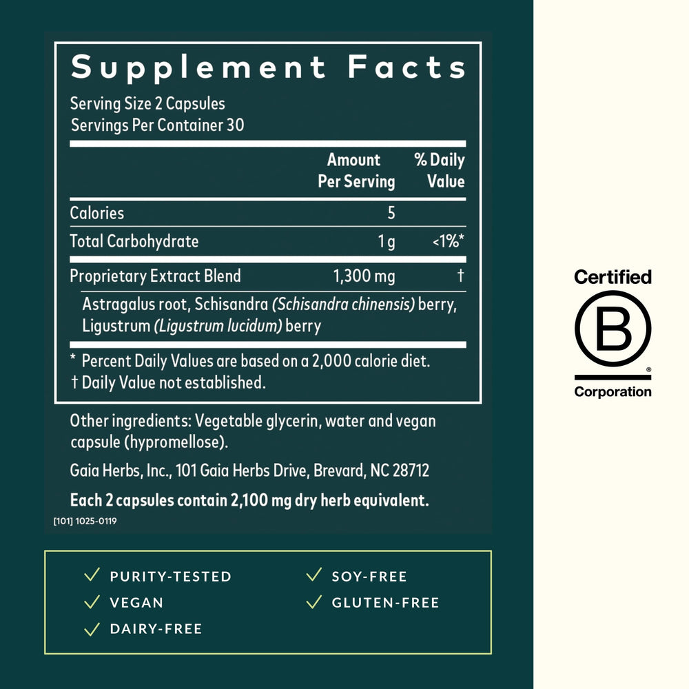 Ingredients: astragalus root, schisandra berry, and ligustrum fruit