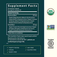 Nutrition facts panel on Gaia Herbs Everyday Immune Mushrooms & Herbs