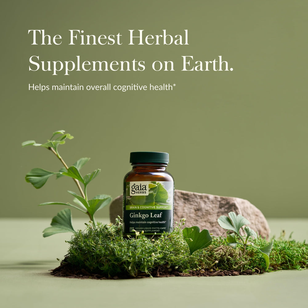 Close-up of Gaia Herbs Ginkgo Leaf bottle and seal