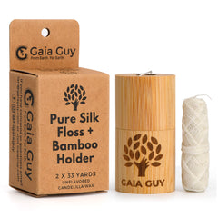 Gaia Guy Silk Dental Floss with reusable bamboo holder, front view