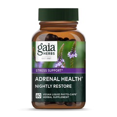 Gaia Herbs Adrenal Health Nightly Restore bottle on white background