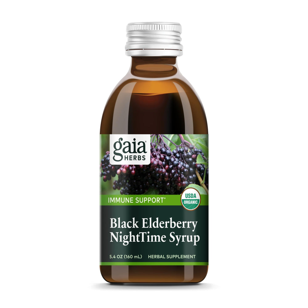 Gaia Herbs Black Elderberry NightTime Syrup bottle and packaging