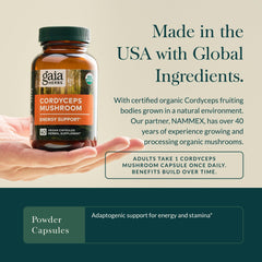 40-day supply of Cordyceps capsules beside a plant leaf