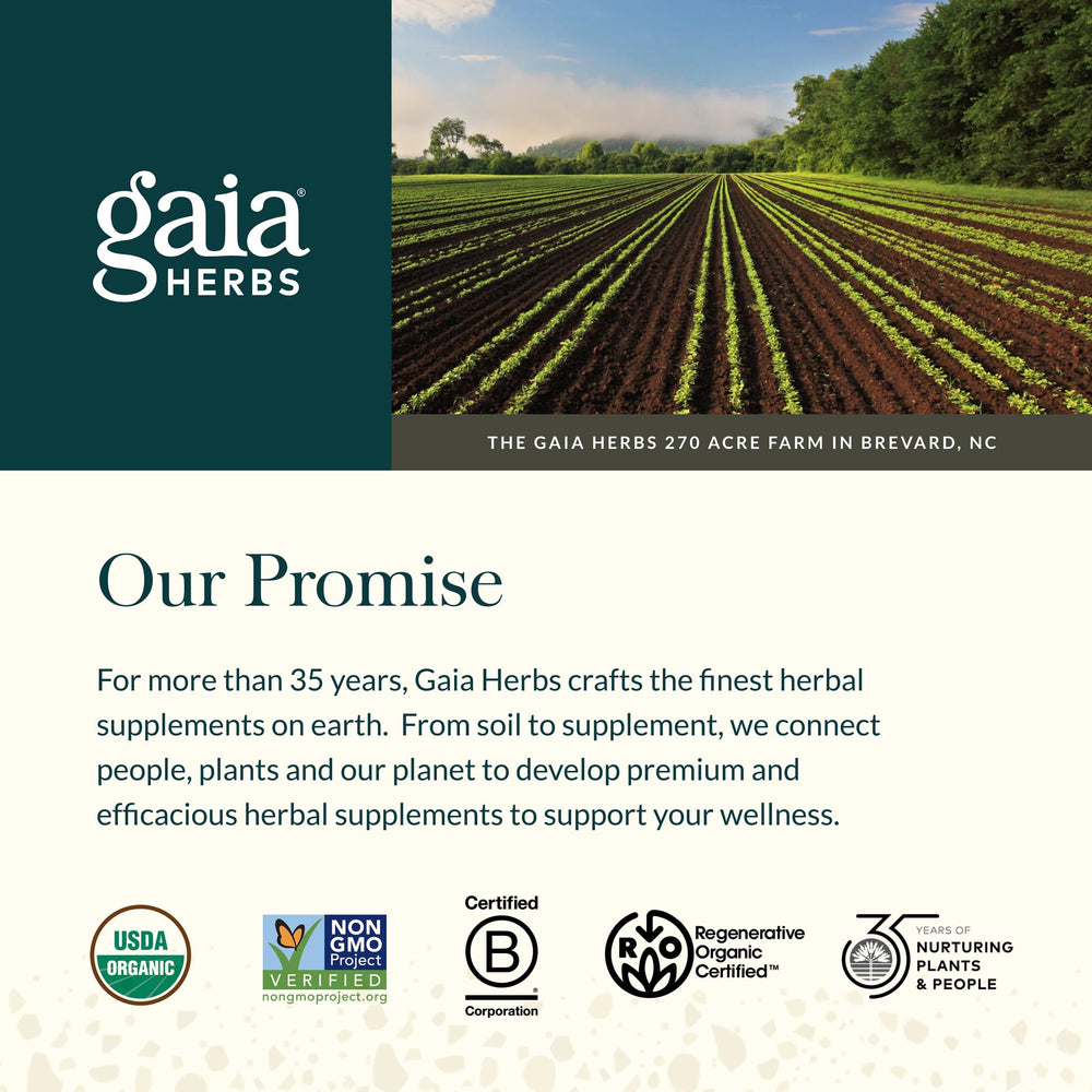 Gaia Herbs capsules beside wooden spoon showing natural ingredient use