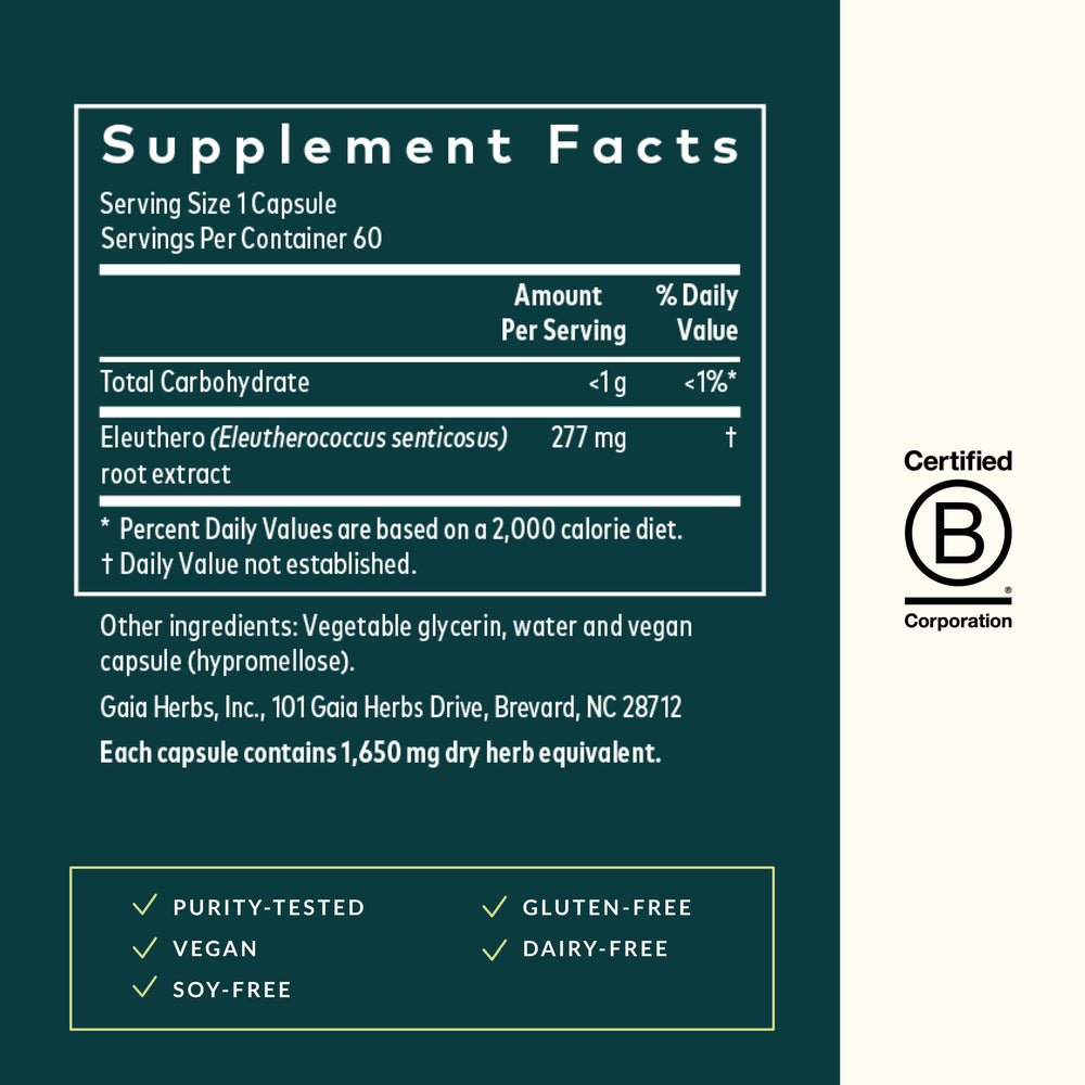 Front label of Gaia Herbs Eleuthero Root product