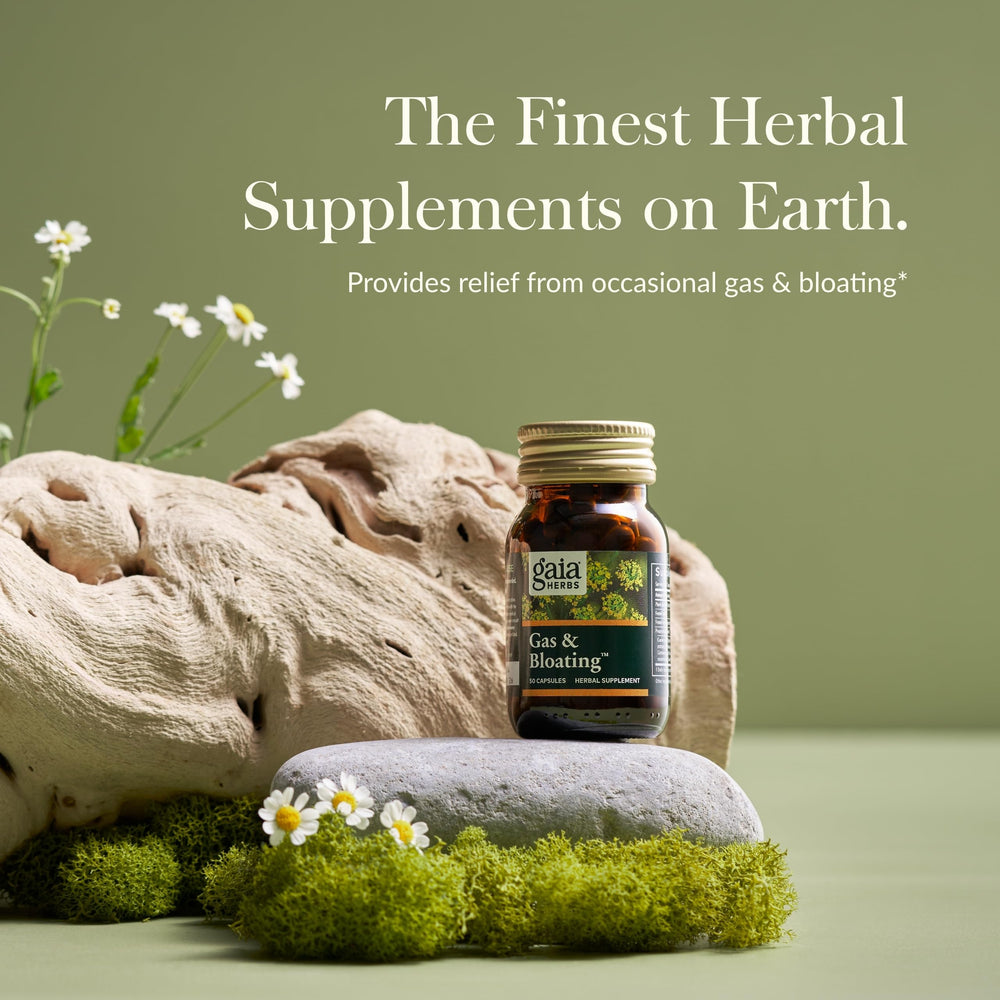 Gaia Herbs Gas & Bloating capsules close-up emphasizes fennel and chamomile for digestion